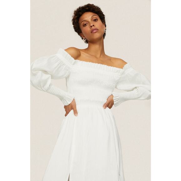 AllSaints Lary White Long Sleeve Off Shoulder Slit Linen Silk Midi Dress Size 4 - Picture 4 of 16